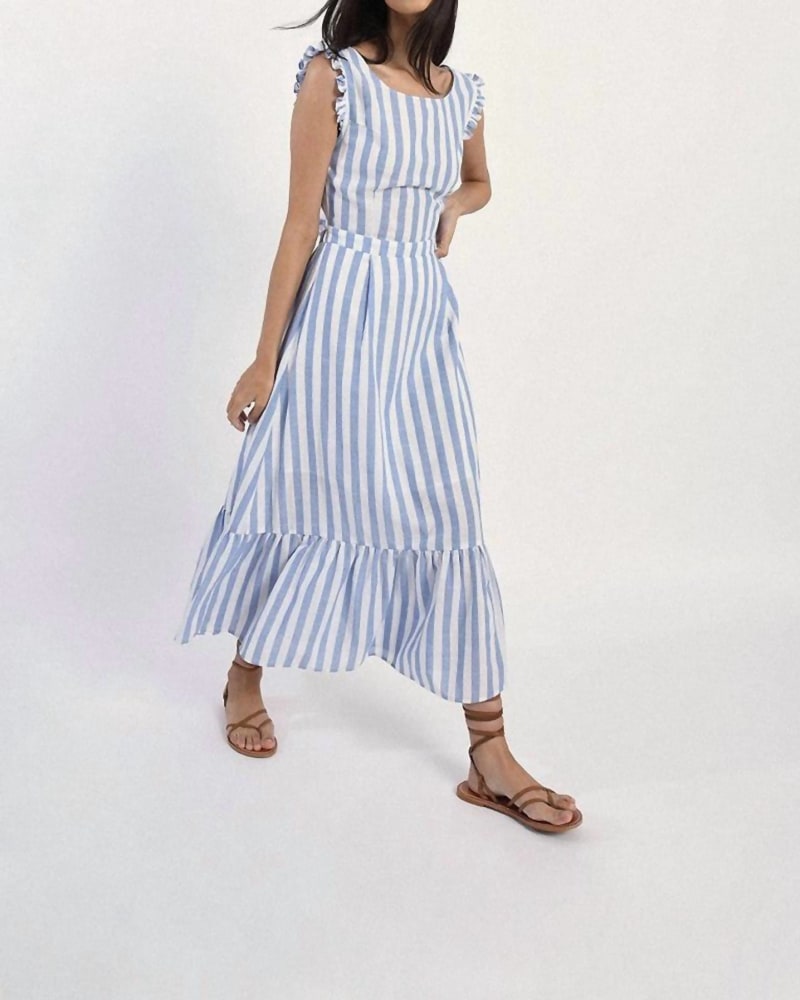 Front of a model wearing a size Large Plage Maxi Dress in Navy Paris in Navy Paris by MOLLY BRACKEN. | dia_product_style_image_id:335120